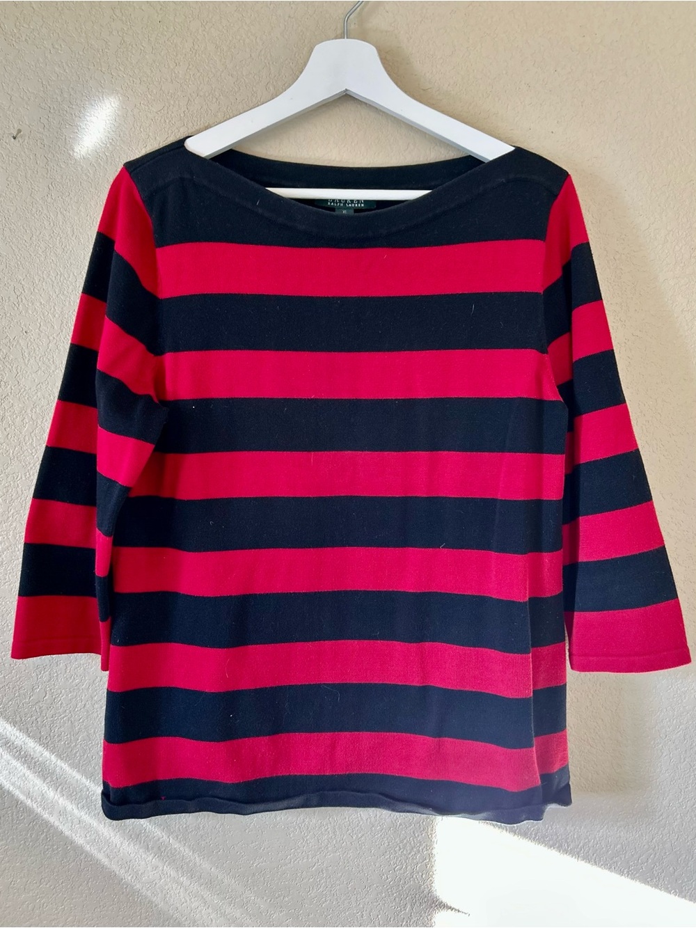 Lauren Ralph Lauren XL Knit Red Black Striped 3/4 Sleeve Preppy Old Money Top